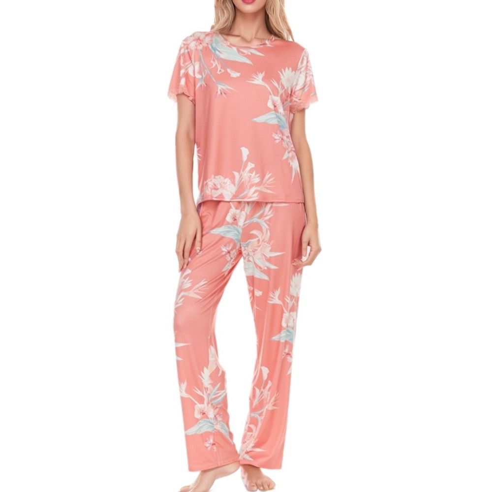 Flora Nikrooz Jody 2 PC Pajama Set Orange Floral Large PJs‎ Sleepwear Lounge NWT